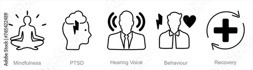 A set of 5 Mental Health icons as mindfulness, ptsd, hearing voice