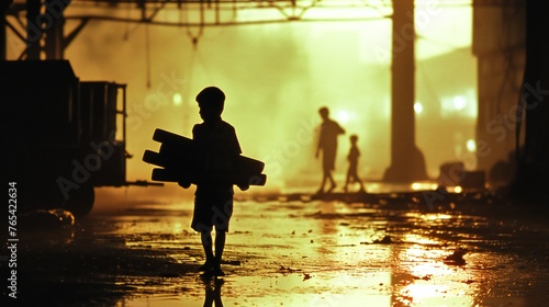 Against the blurred factory scene, a child carries construction materials, their silhouette a stark reminder of child labor. photo