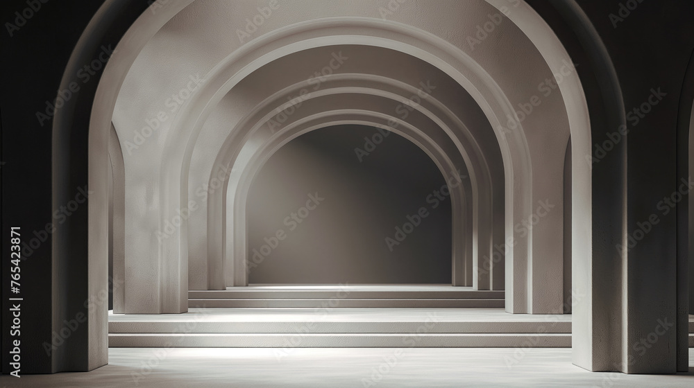 A room with steps leading to the top and arches for the presentation and placement of advertising, people, products, goods. Dark space with neutral beige lighting. Minimalistic style, matte materials.