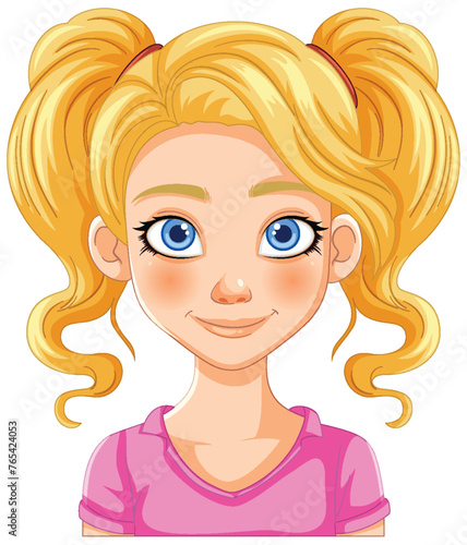 Bright-eyed girl with blonde pigtails smiling