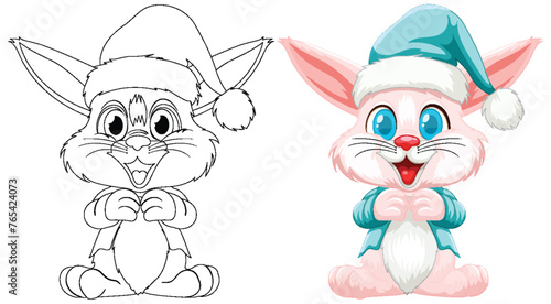 Black and white and colored bunny with Christmas hat.