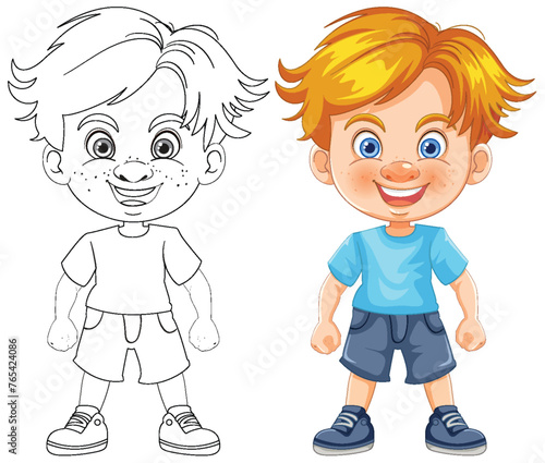 Vector illustration of a boy, colored and line art
