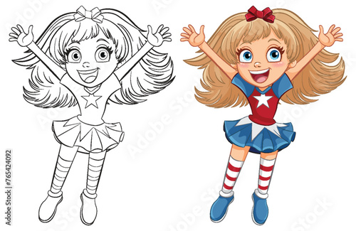 Colorful and outlined versions of a happy girl