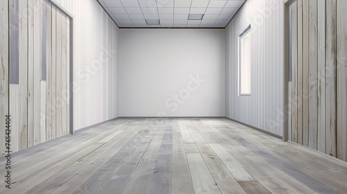 Spacious empty room with wooden walls and floor, illuminated by white light. Pink shades, background for placing objects.