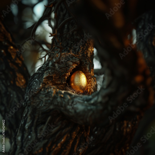 An Easter golden egg in a hollow tree. © Надежда Измайлова