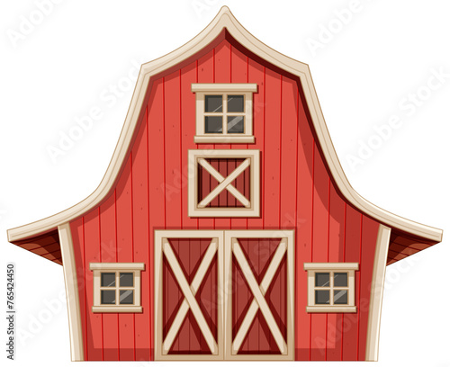 Cartoon-style red barn with white trim details.