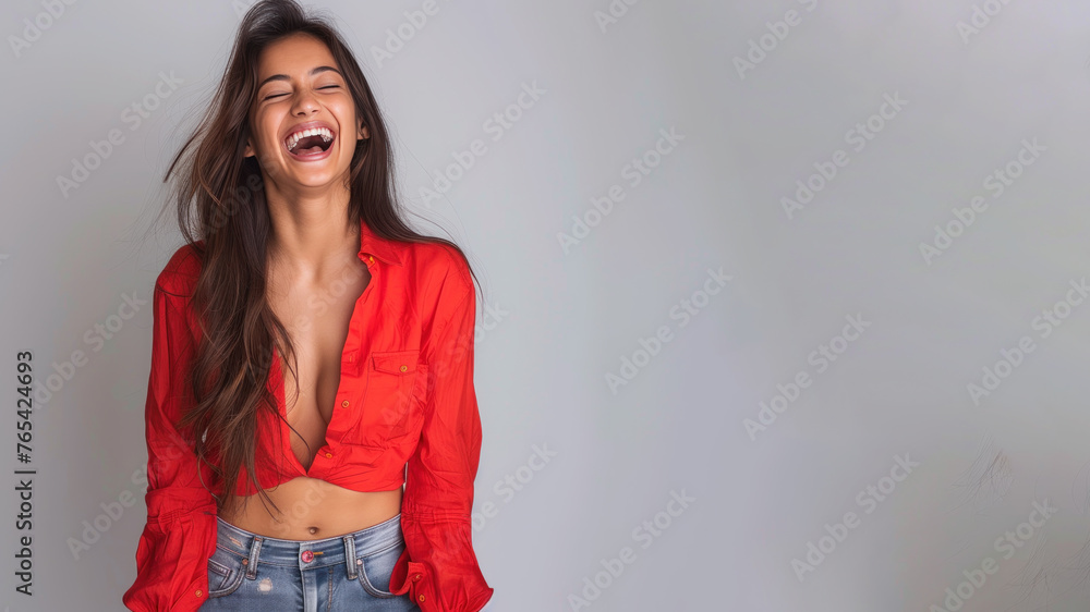 Indian woman wearing red shirt smiling laugh out loud isolated on grey Indian woman wearing red shirt smiling laugh out loud isolated on grey
