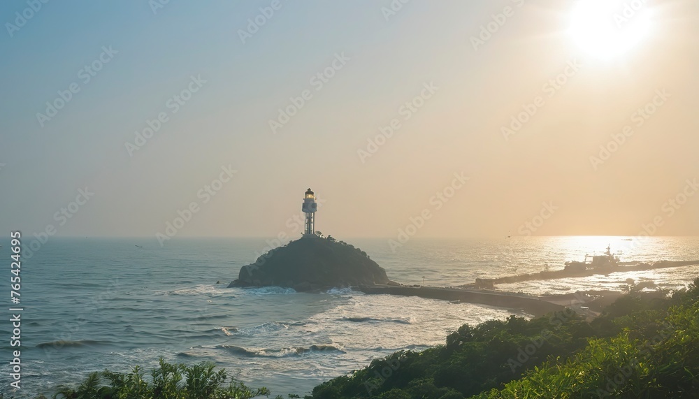 Lighthouse searchlight beam through sea air in Vung Tau. Seascape at morning
