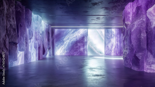 Fantastic epic room with shimmering crystals. Transparent violet-purple texture. Studio for photo sessions. Background for the design of covers of magazines about the art of the future.