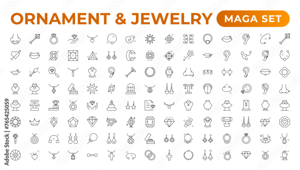 Ornament & Jewelry icon set . Simple Set of Jewelry Related Vector Line Icons. Contains such Icons as Earrings, Body Crosses, and Engagement rings. Outline icon collection.