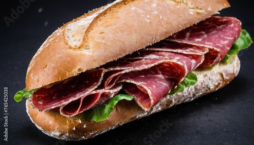 Milanese sandwich with salami on a black background. Italian food