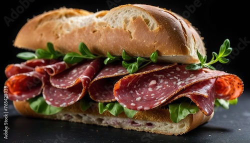 Milanese sandwich with salami on a black background. Italian food