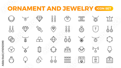 Ornament & Jewelry icon set . Simple Set of Jewelry Related Vector Line Icons. Contains such Icons as Earrings, Body Crosses, and Engagement rings. Outline icon collection.