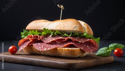 Milanese sandwich with salami on a black background. Italian food