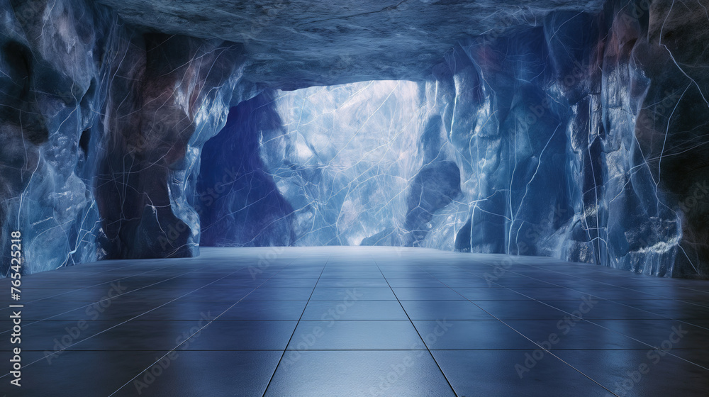 A blue room filled with pieces of ice. The floor is blue square tiles, cold. Glare on the ceiling and floor. Beautiful reflections. Advertising background for websites and social networks. Winter text