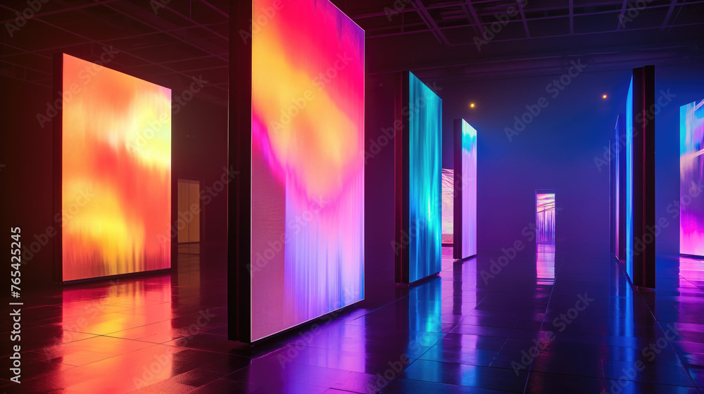 An attractive backdrop, bright neon lights and their reflection on the glossy floor of a modern event space. Future space and technological concepts. Vertical displays, digital art exhibition. An attractive backdrop, bright neon lights and their reflection on the glossy floor of a modern event space. Future space and technological concepts. Vertical displays, digital art exhibition.