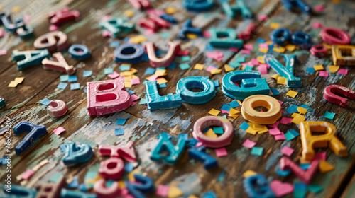 Multicolored wooden letters create a textured composition with the word "BLOG" prominent in the center.