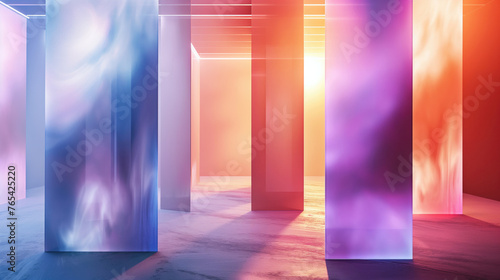 A bright and dreamy abstract room with columns  corridors and a simple design. Dynamic lighting in pink and blue tones. Interior and architecture. Creative image. Gaming and commercial location.