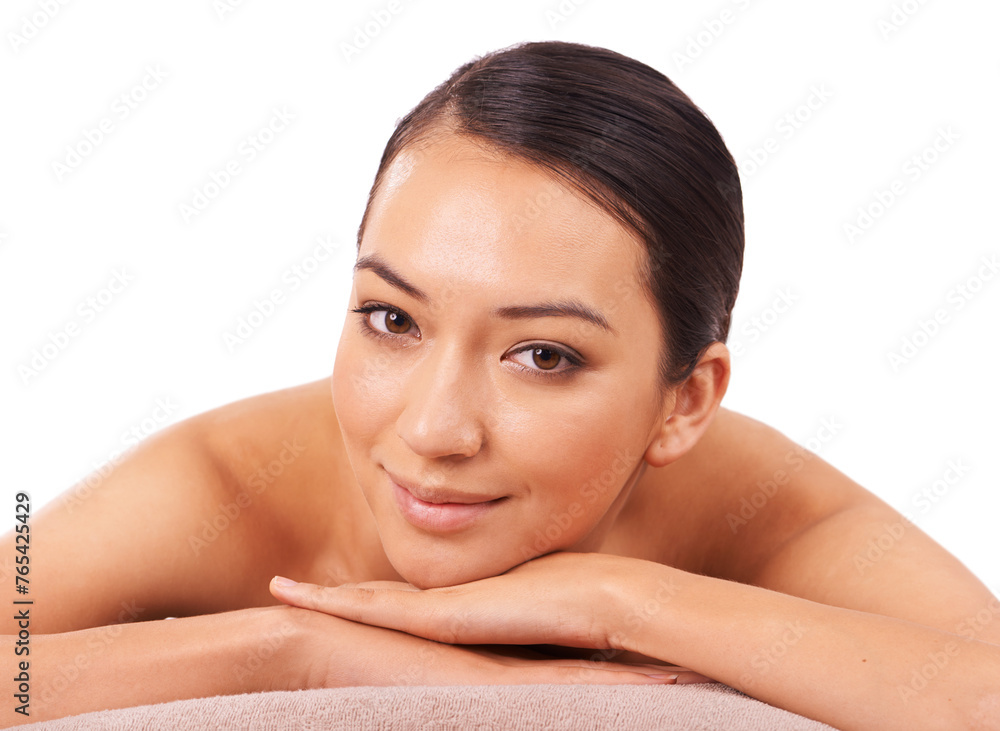Health, portrait and woman at spa for massage with skincare, wellness or body treatment in studio. Happy, smile and face of Asian female person on table for relaxing routine by white background. Health, portrait and woman at spa for massage with skincare, wellness or body treatment in studio. Happy, smile and face of Asian female person on table for relaxing routine by white background.