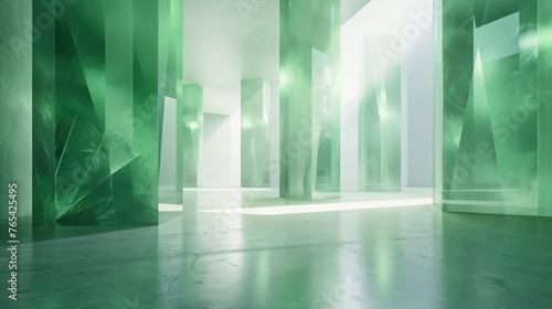 The space is entirely made of transparent emerald in a bright room. Image for presentation and placement of advertising  people  products  goods. Rays  green texture