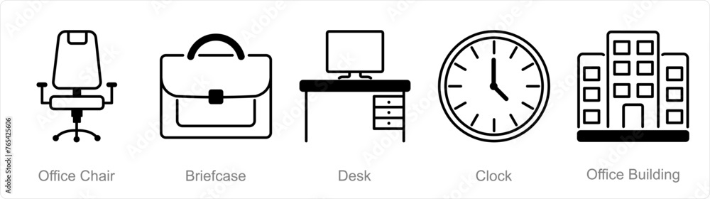 A set of 5 Office icons as office chair, briefcase, desk A set of 5 Office icons as office chair, briefcase, desk