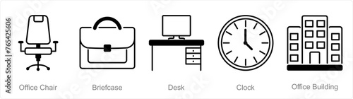 A set of 5 Office icons as office chair, briefcase, desk