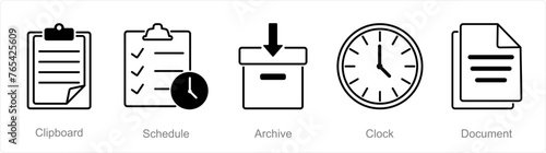 A set of 5 Office icons as clipboard, schedule, archive