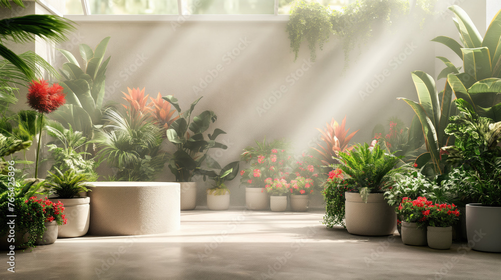 Space in a bright room. Image for presentation and placement of advertising, people, products, goods. A room with exotic plants on the floor. Curtains, white material and texture.