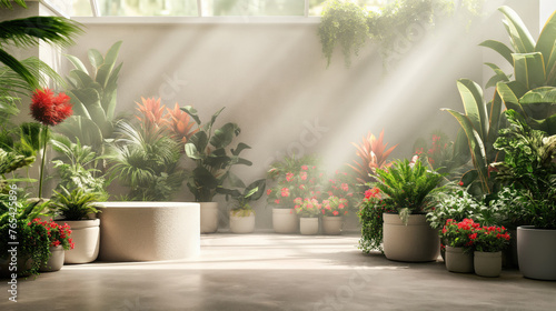 Space in a bright room. Image for presentation and placement of advertising  people  products  goods. A room with exotic plants on the floor. Curtains  white material and texture.