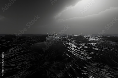 a black and white photo of a large body of water with a lot of waves in the foreground and dark clouds in the background.