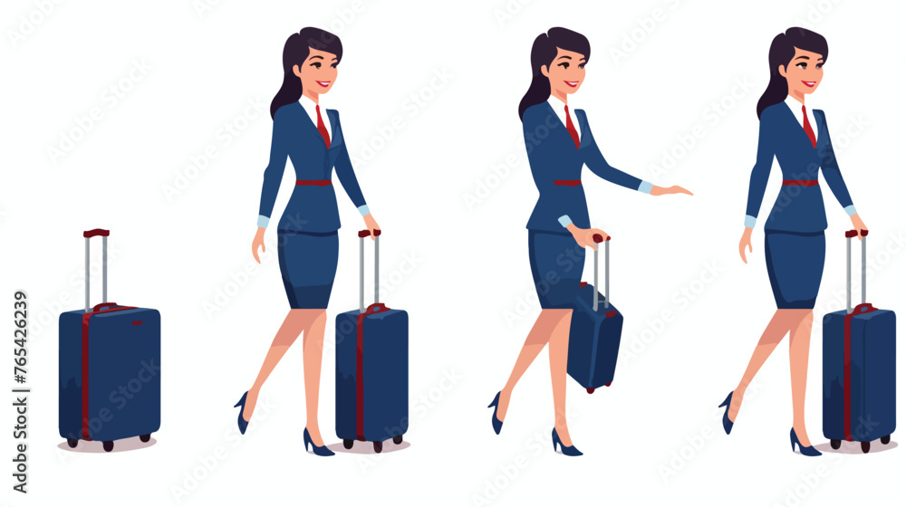 Cute cartoon air hostess walking with suitcase flat