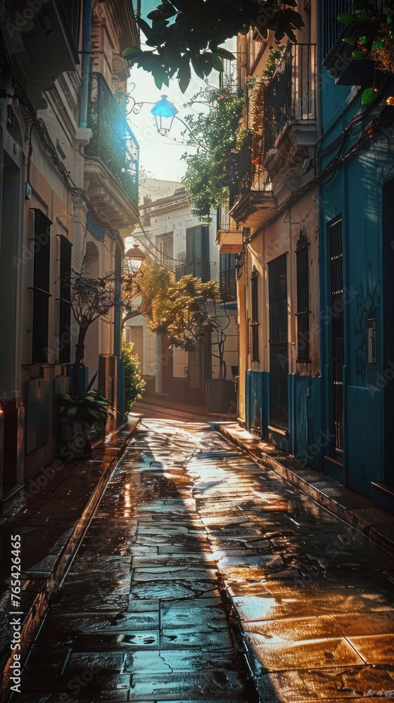 Fototapeta premium Nighttime Scene of Old European Street with Narrow Medieval Buildings