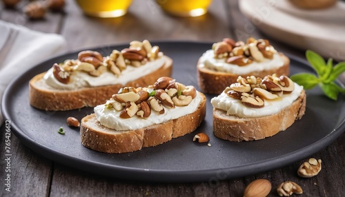 Pear bruschetta with cream cheese, nuts and honey