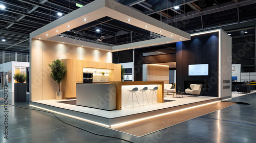 A beautiful exhibition stand in the form of a room with an interior in beige and light colors for presentation. Lighting, white ceiling, modular texture of materials, modern furniture. Creative design