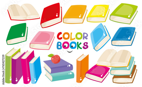 Set of colored books. Colorful book vector clipart. Folded and open books