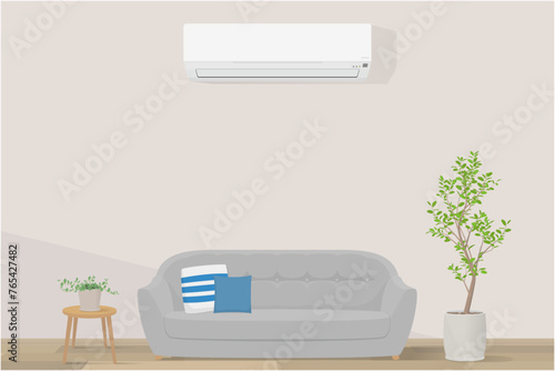エアコンが設置された部屋のイラスト　ソファと観葉植物があるリビングルーム