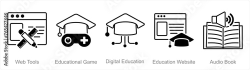A set of 5 Online Education icons as web tools, educational game, digital education