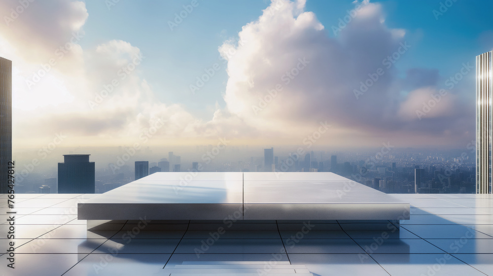 Platform on the roof of a skyscraper overlooking the metropolis. An image for the presentation and placement of products, goods and people. Beautiful clouds in the background. Platform on the roof of a skyscraper overlooking the metropolis. An image for the presentation and placement of products, goods and people. Beautiful clouds in the background.