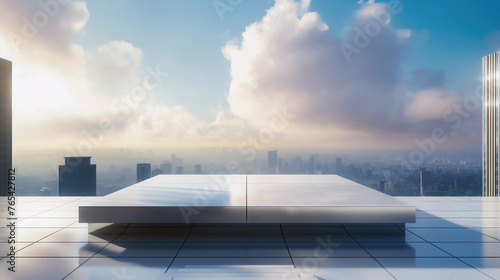 Platform on the roof of a skyscraper overlooking the metropolis. An image for the presentation and placement of products, goods and people. Beautiful clouds in the background.