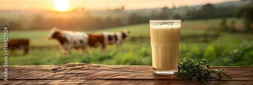 Fresh Milk in Glass on Wooden Table, Fresh milk in glass on wooden table Landscape with cows and green grass on the background