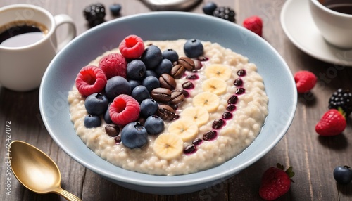 Porridge in a bowl with berries, and coffee