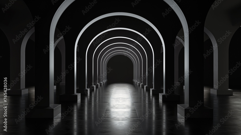 Fototapeta premium An atmospheric image showing a dark hallway with multiple illuminated arches creating a sense of depth and mystery