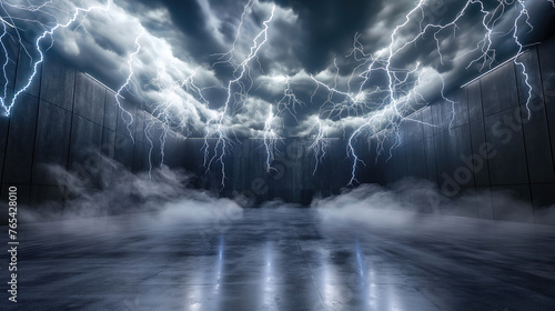 An iAn intense scene of lightning striking from a stormy sky amidst clouds  illuminating an enclosed space with mist on the ground