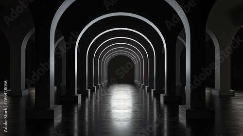 An atmospheric image showing a dark hallway with multiple illuminated arches creating a sense of depth and mystery