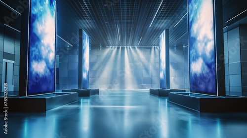 A modern and sleek design showcasing a corridor with backlit panels and a ceiling that bathes the scene in a cool blue light