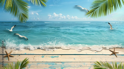 Wooden table with palm leaves  sand  and sea background. summer and vacation concept. product display montage.
