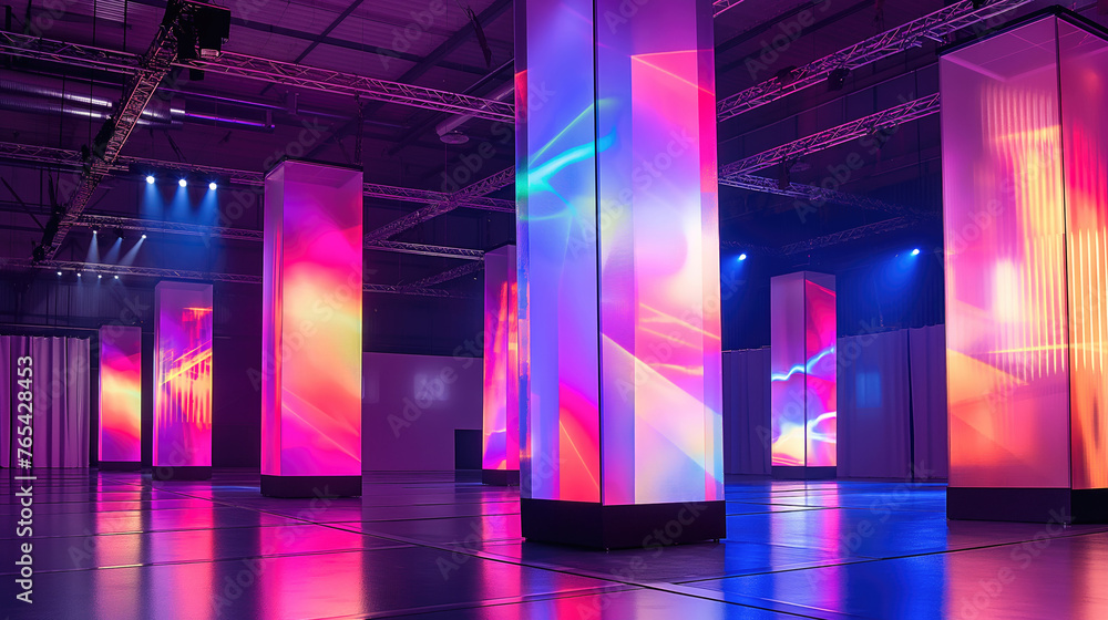 An array of vibrant, illuminated panels are displayed in an exhibition hall, showcasing a modern and artistic lighting installation