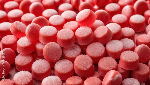 Red chewy candies coated with sugar