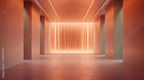 Empty minimalist space in peach tones with columns and fabric curtain, illuminated by soft glowing vertical lines creating a peaceful atmosphere