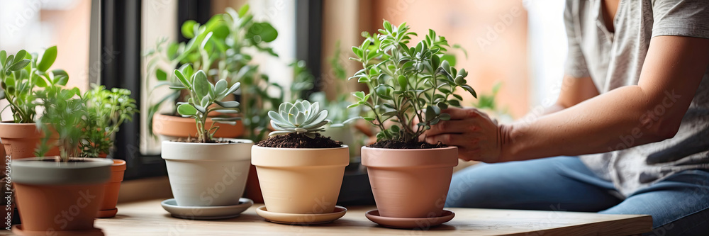 Fototapeta premium Popular Potted plants in a terracotta pot On the window sill of the house window, balcony, succulent, begonia, blooming, ficus